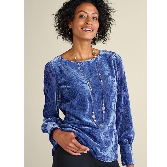 Soft Surroundings Vanetta Velvet Top Blue Devore  Damask Floral Blouse Small - Picture 2 of 13